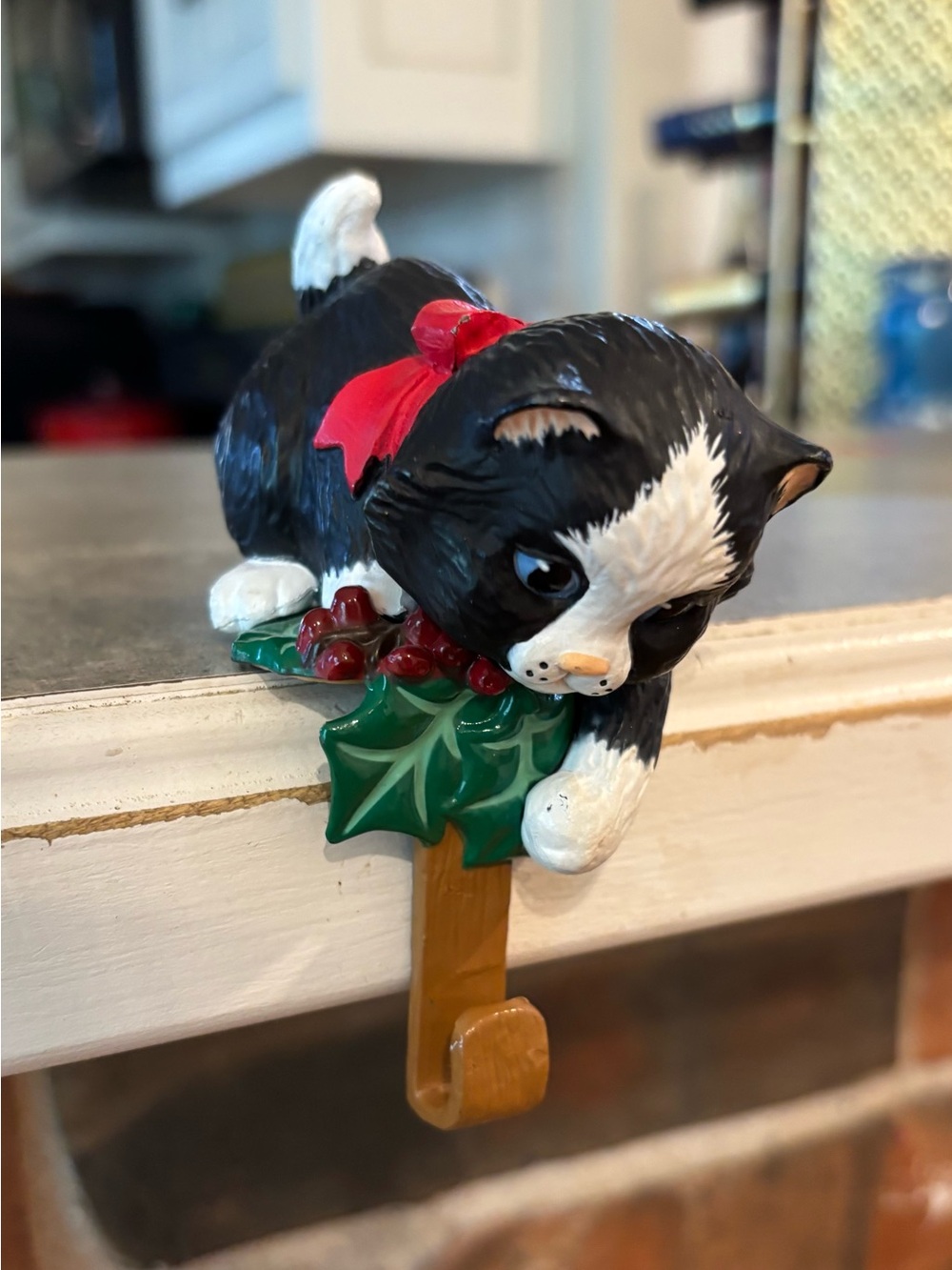 Vintage Hallmark 1986 Black & White Cat Stocking Hanger with Holly and Red Bow